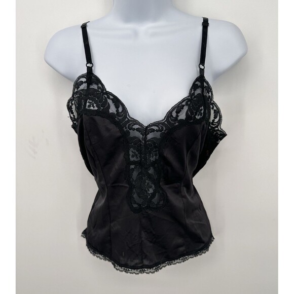 LACE Vintage  Camisole Slip TOP NYLON  Black Xs Fairy Romantic Babydoll‎ - Picture 1 of 9